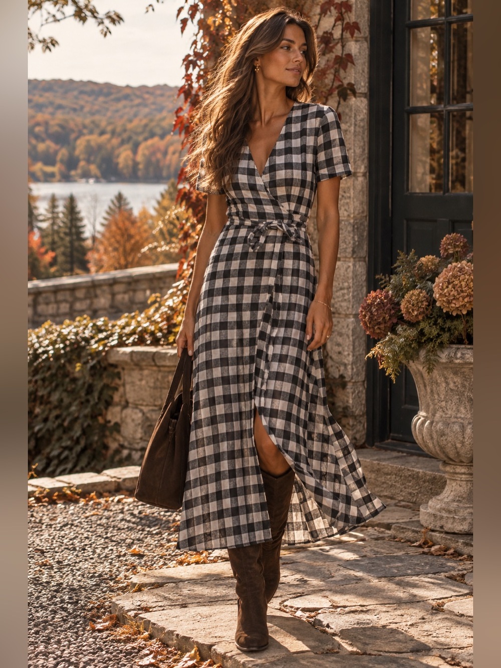 Reformation Black & White Plaid Wrap Midi Dress Size S